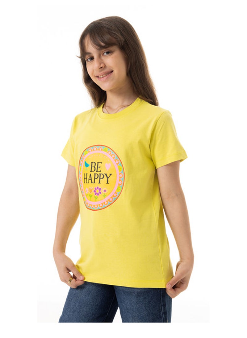 Andora "Be Happy" Printed Pattern Cotton Girls T-Shirt - Yellow - Image 2