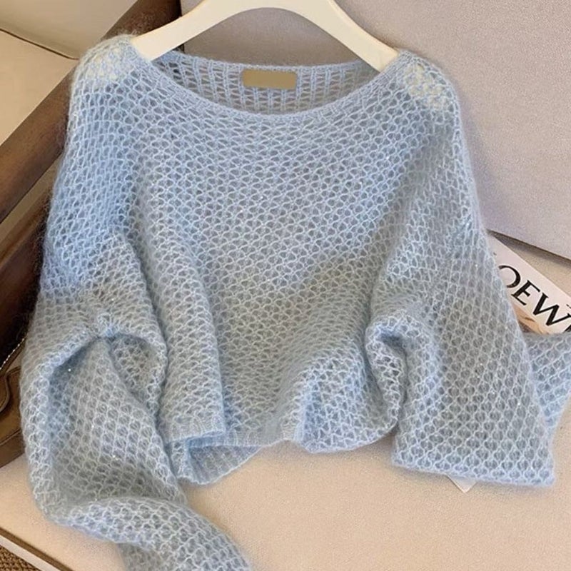 Women's Sleeveless Knit Sweater with Round Neck and Lace Design - Image 1