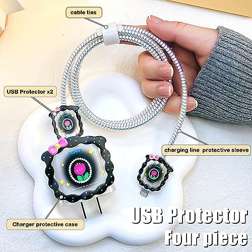 VNJ ACCESSORIES Protective Charger Case for iPhone 18W 20W iPhone 16 15 14 13 12 11 Pro Max Charging Cable Charger Protective Cover Data Cable Protective Sleeve-Black Tulip - Image 2
