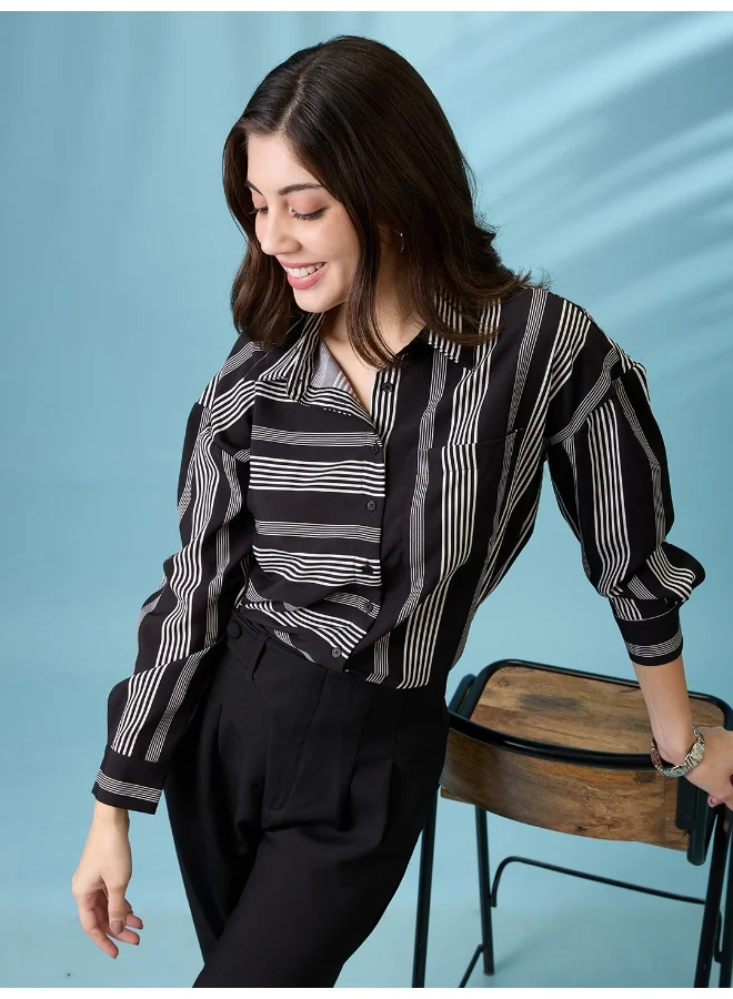 Women Vertical & Horizontal Striped Collar Neck Cuffed Sleeves Oversized Shirt Style Top