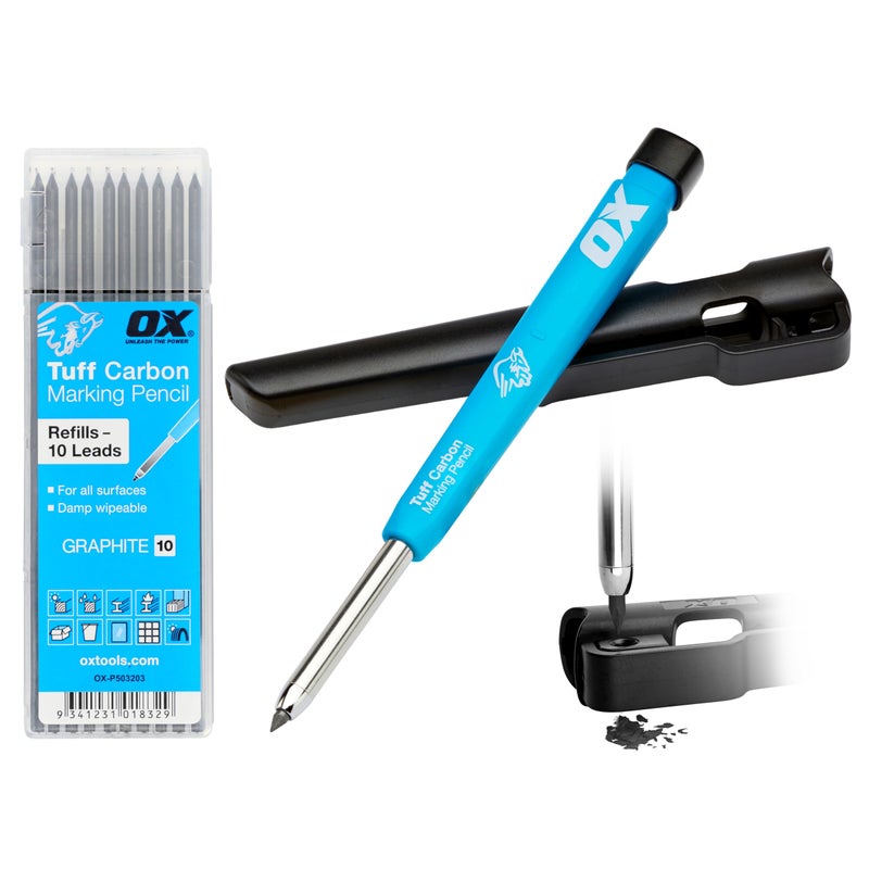 Ox مجموعة أقلام النجارة من OX Tools - قلم بناء ثقيل مع عبوة 10X 2.8mm من الرصاص، مشبك حزام، مبراة، وحامل - قلم نجارة ميكانيكي دقيق - أقلام النجارة - Image 1