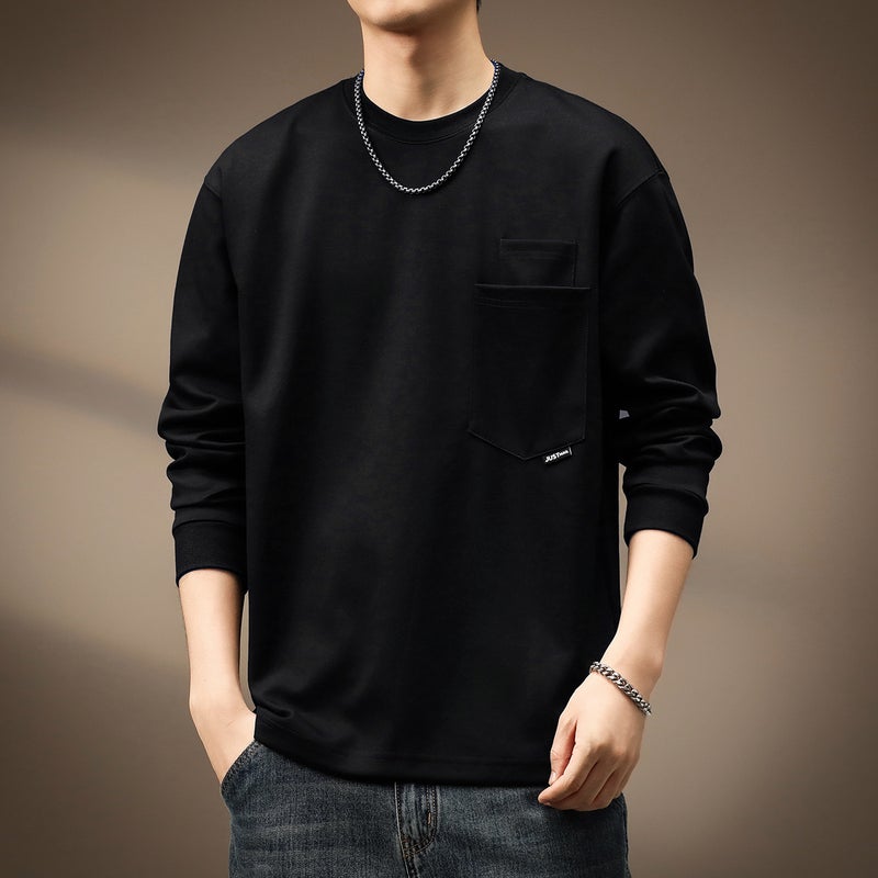 High-End Japanese Style Distinctive Pocket Long-Sleeved T-Shirt Men'S Autumn Loose Simple Retro Two-Piece Needle T-Shirt Solid Color Top - Image 5