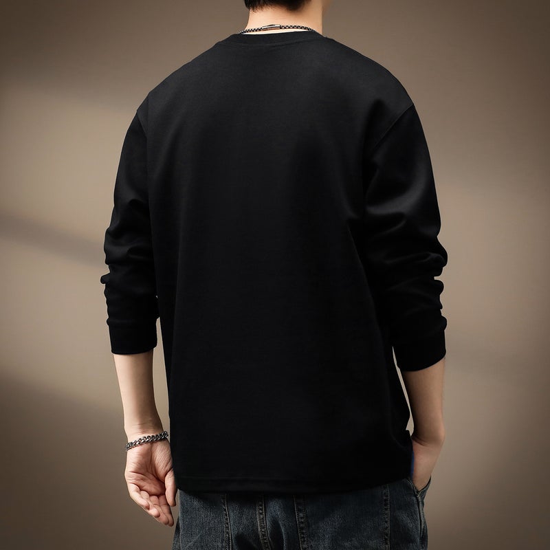 High-End Japanese Style Distinctive Pocket Long-Sleeved T-Shirt Men'S Autumn Loose Simple Retro Two-Piece Needle T-Shirt Solid Color Top - Image 4