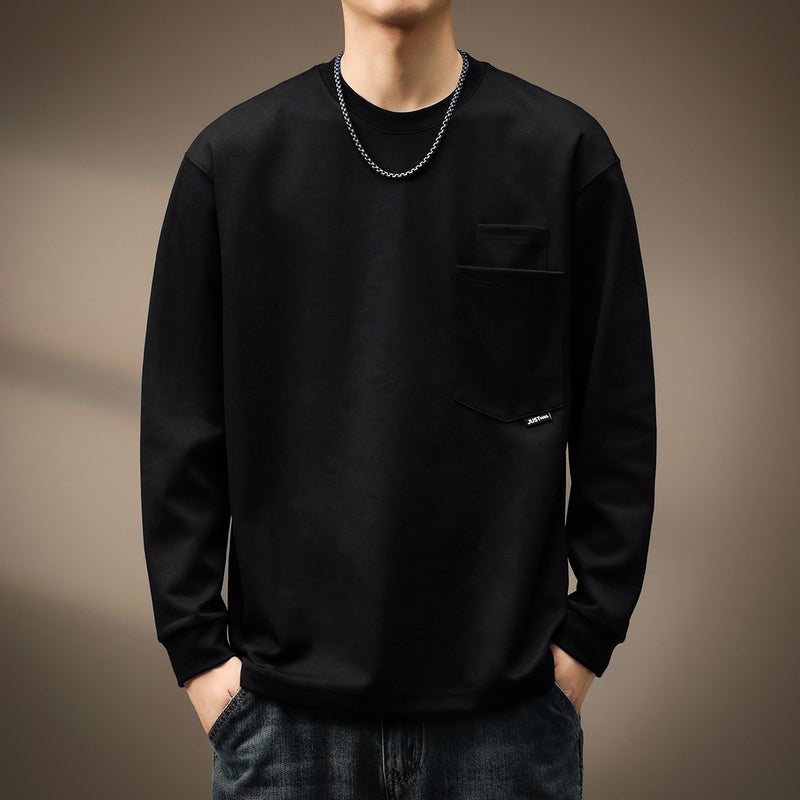 High-End Japanese Style Distinctive Pocket Long-Sleeved T-Shirt Men'S Autumn Loose Simple Retro Two-Piece Needle T-Shirt Solid Color Top - Image 2