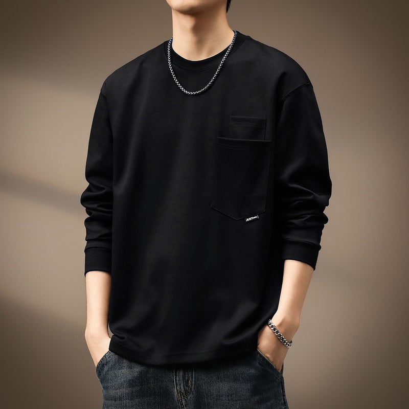 High-End Japanese Style Distinctive Pocket Long-Sleeved T-Shirt Men'S Autumn Loose Simple Retro Two-Piece Needle T-Shirt Solid Color Top - Image 3
