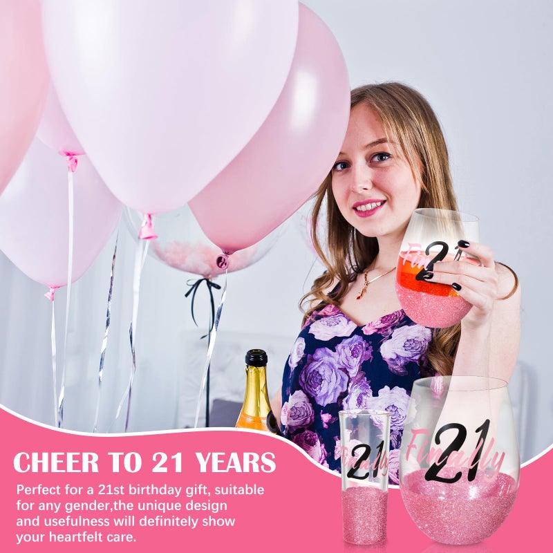 Singhoow 2pcs Birthday Gift for Her Glitter Stemless Wine Glass Shot Glass Birthday Decorations Party Favors for Women Daughter Sister Female Friends Coworker Girlfriend(Finally 21,Pink) - Image 4