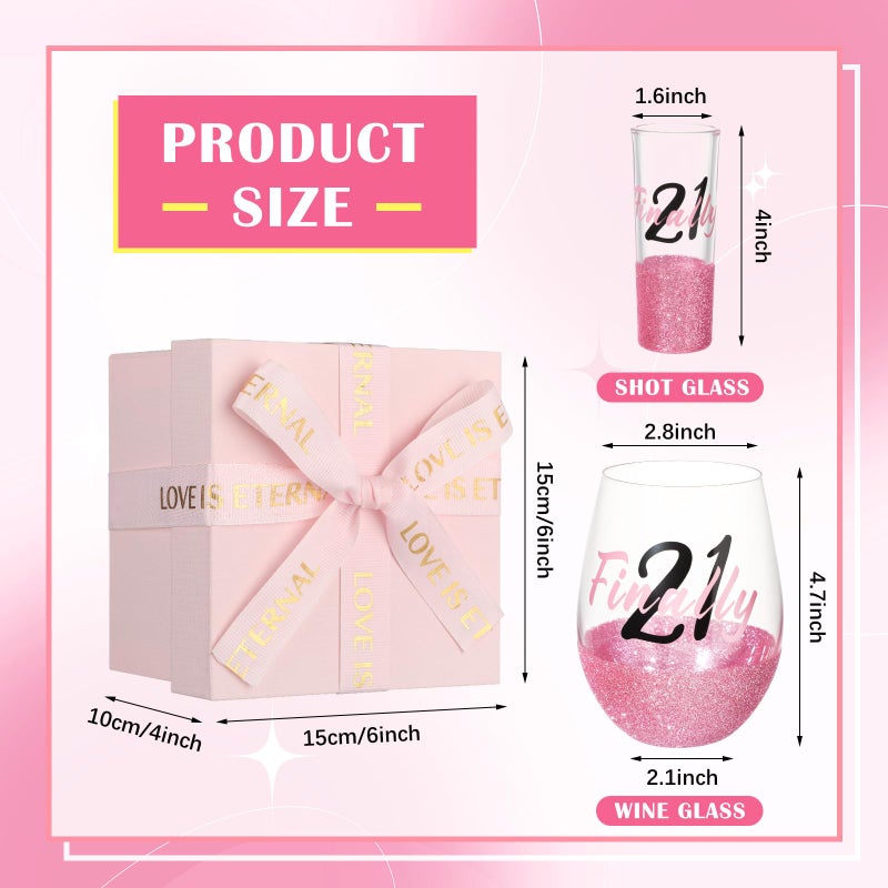 Singhoow 2pcs Birthday Gift for Her Glitter Stemless Wine Glass Shot Glass Birthday Decorations Party Favors for Women Daughter Sister Female Friends Coworker Girlfriend(Finally 21,Pink) - Image 2