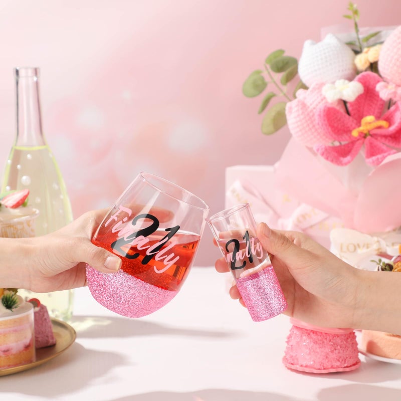 Singhoow 2pcs Birthday Gift for Her Glitter Stemless Wine Glass Shot Glass Birthday Decorations Party Favors for Women Daughter Sister Female Friends Coworker Girlfriend(Finally 21,Pink) - Image 3