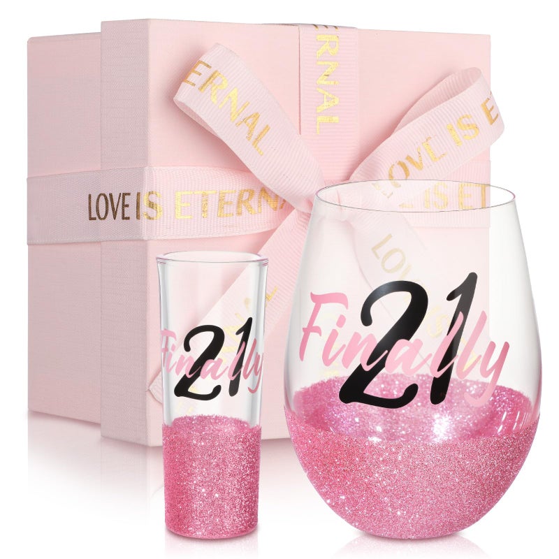 Singhoow 2pcs Birthday Gift for Her Glitter Stemless Wine Glass Shot Glass Birthday Decorations Party Favors for Women Daughter Sister Female Friends Coworker Girlfriend(Finally 21,Pink) - Image 1
