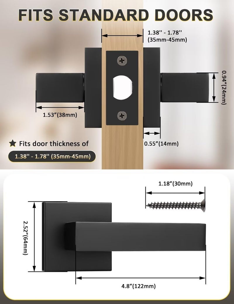 Tinewa 10 Pack Square Black Door Handles Interior, No Lock Passage Door Lever for Left or Right Handing, Heavy Duty Matte Black Closet Door Handle Sets - Image 2