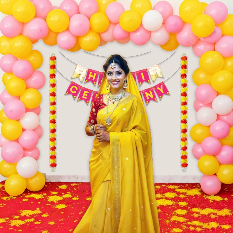 1iAM Haldi Decoration Combo Pack of 64 - 1pc Haldi Ceremony Banner, 2pcs Artificial Flower Garland, 60pcs Balloons & 1pc Balloon Arch | Pre-Wedding Decoration Items for Sister, Daughter's Marriage - Image 3