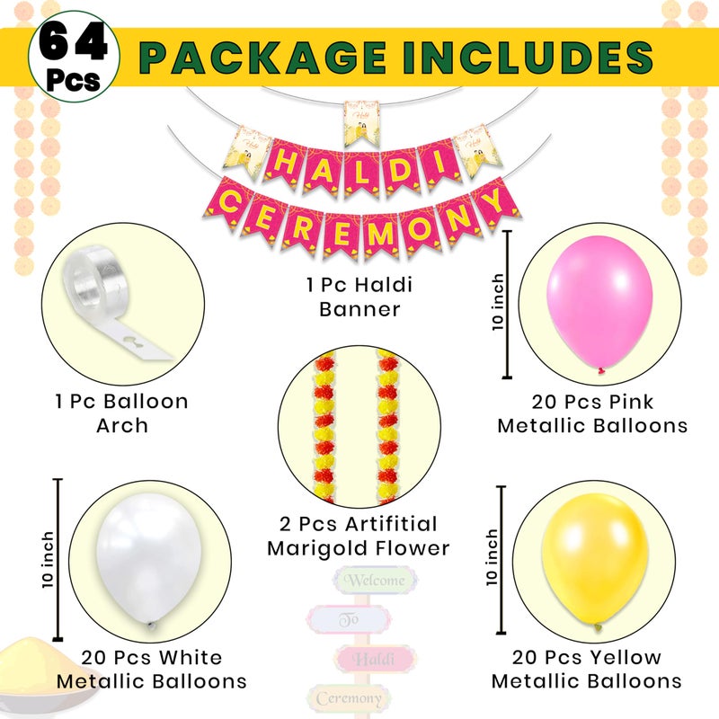 1iAM Haldi Decoration Combo Pack of 64 - 1pc Haldi Ceremony Banner, 2pcs Artificial Flower Garland, 60pcs Balloons & 1pc Balloon Arch | Pre-Wedding Decoration Items for Sister, Daughter's Marriage - Image 2