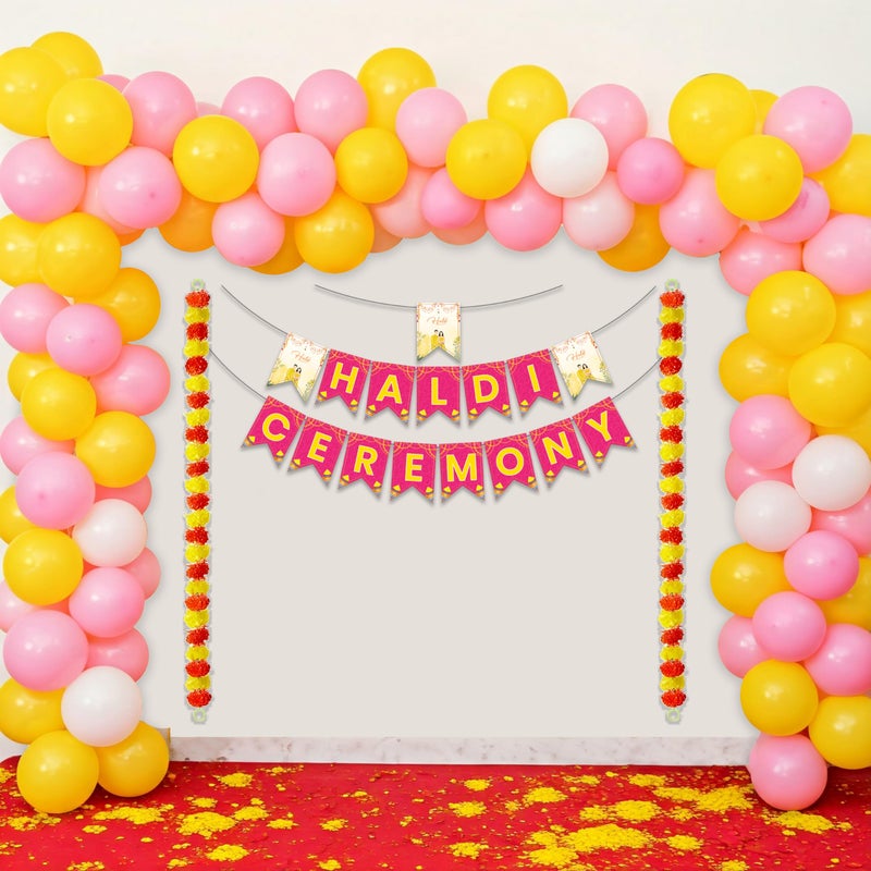 1iAM Haldi Decoration Combo Pack of 64 - 1pc Haldi Ceremony Banner, 2pcs Artificial Flower Garland, 60pcs Balloons & 1pc Balloon Arch | Pre-Wedding Decoration Items for Sister, Daughter's Marriage - Image 1