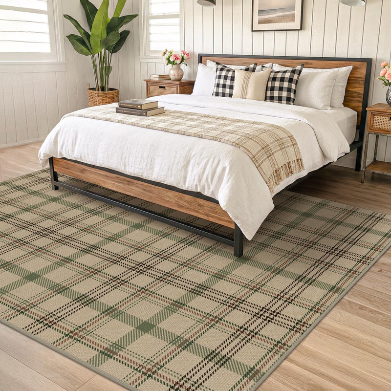 JTJ Plaid Rug 8x10 for Living Room - Easy Jute Outdoor Indoor Rug for Dining Room Under Table, Bedroom Under Bed, Non Slip Farmhouse Tartan Aesthetic, Washable Sage Green Striped Nature Color Decor - Image 5
