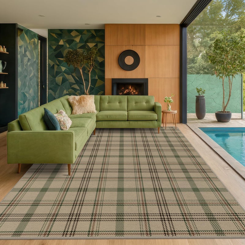 JTJ Plaid Rug 8x10 for Living Room - Easy Jute Outdoor Indoor Rug for Dining Room Under Table, Bedroom Under Bed, Non Slip Farmhouse Tartan Aesthetic, Washable Sage Green Striped Nature Color Decor - Image 1
