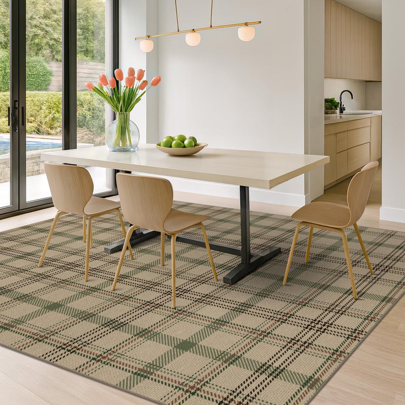JTJ Plaid Rug 8x10 for Living Room - Easy Jute Outdoor Indoor Rug for Dining Room Under Table, Bedroom Under Bed, Non Slip Farmhouse Tartan Aesthetic, Washable Sage Green Striped Nature Color Decor - Image 2