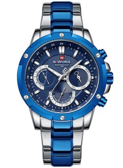 Mens Blue Dial Silver Stainless Steel Strap Watch Analog Quartz Waterproof with Multi Function Display