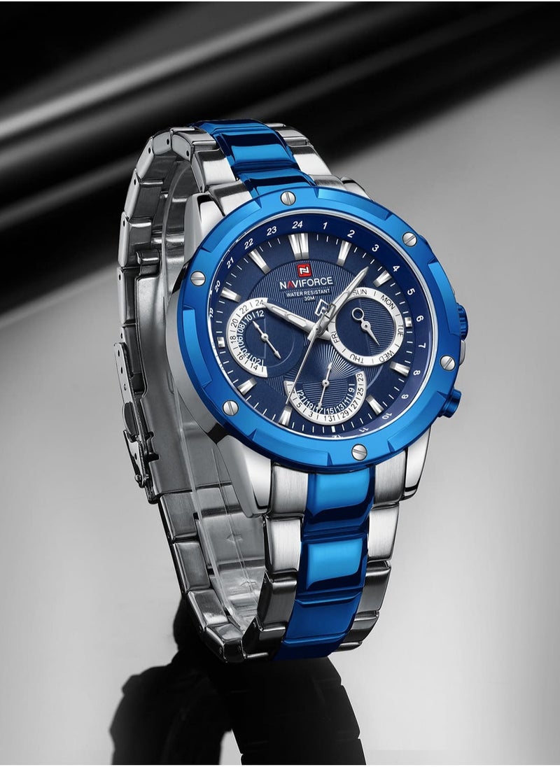 NAVIFORCE - Mens Blue Dial Silver Stainless Steel Strap Watch Analog Quartz Waterproof with Multi Function Display - Image 1