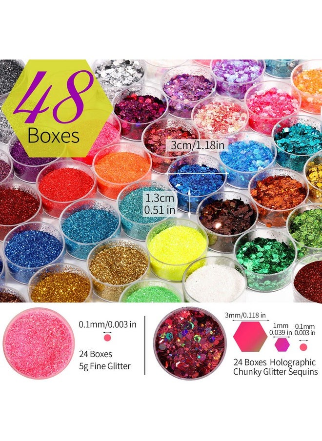 FANDAMEI 48 Color Glitter 24 Color 5G Fine Glitter&24 Boxes Holographic Chunky Glitter Sequins Iridescent Glitter Flakes For Nail Artcosmeticmakeup. Body Face Glitter For Festival Halloween  - Image 2