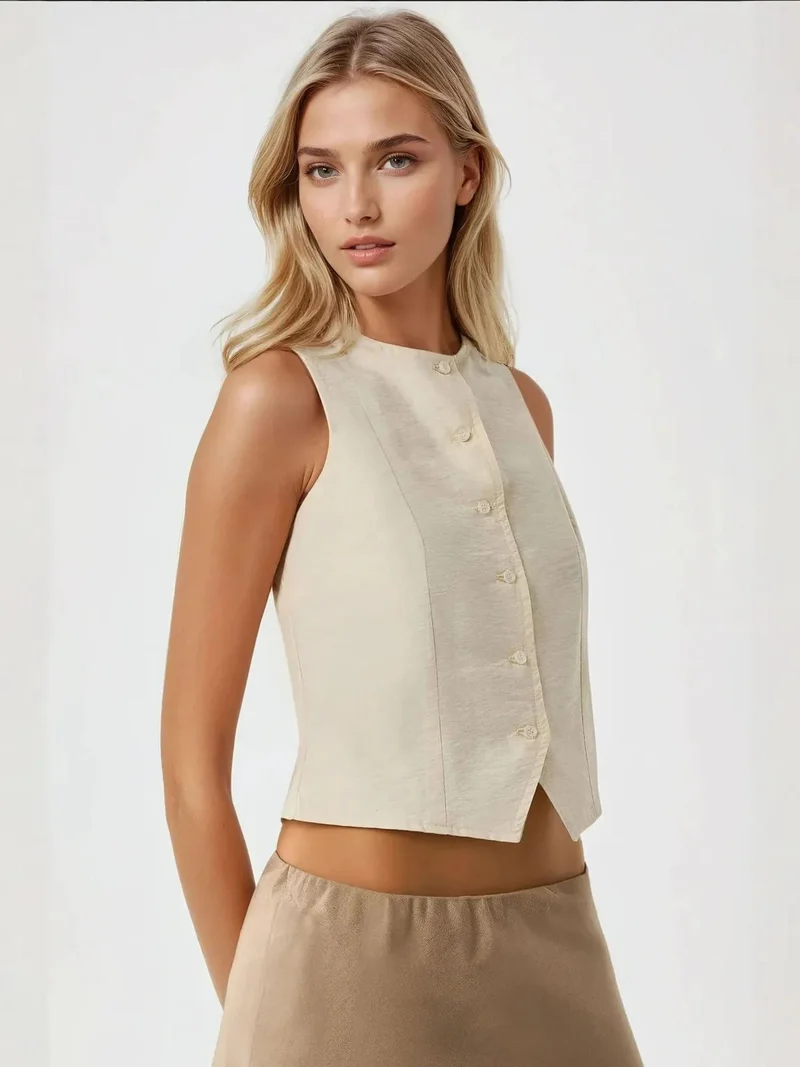 هيكاب صدرية بدون أكمام بياقة دائرية