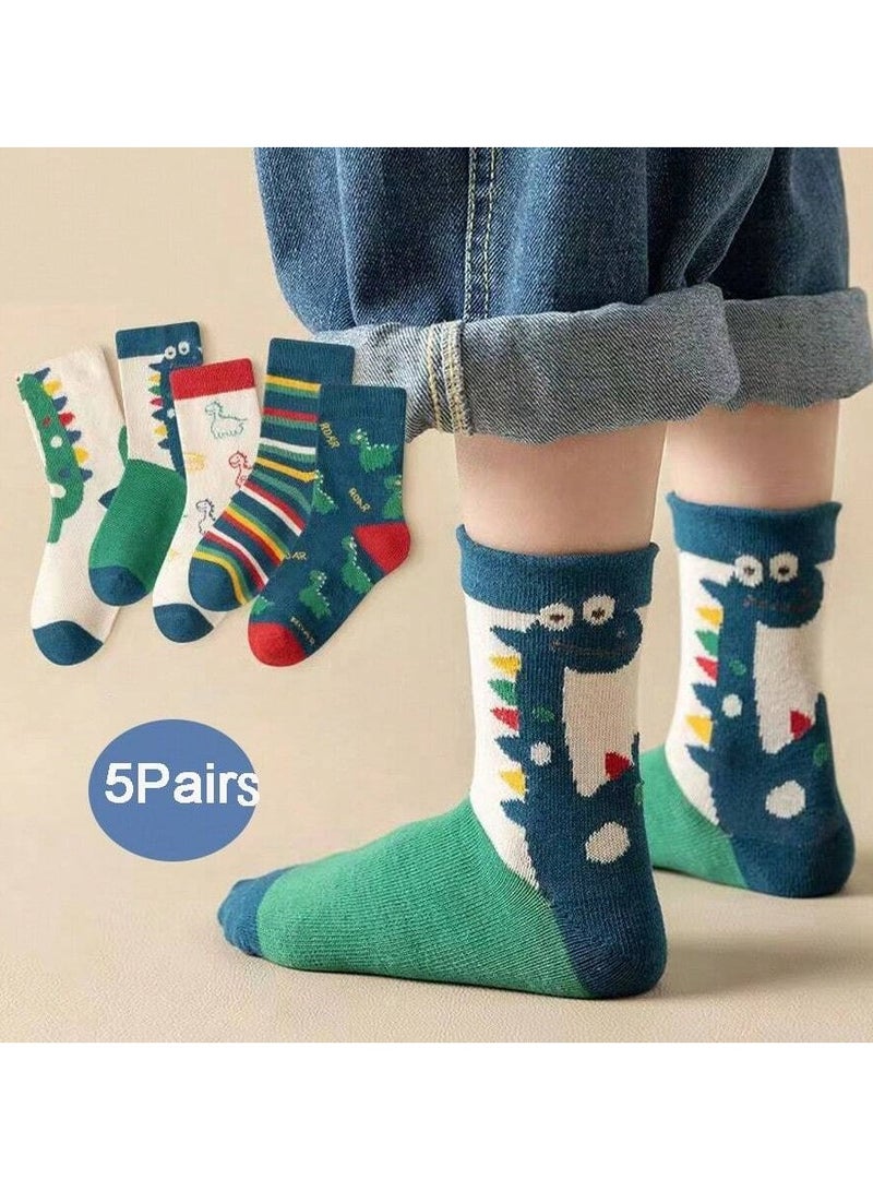 جوارب اطفال 5 ازواج مختلفه من جوارب الاطفال المصنوعه من القطن بتصميم ديناصورات لطيفه تناسب جميع فصول السنه من عمر (5-8)y - Image 1