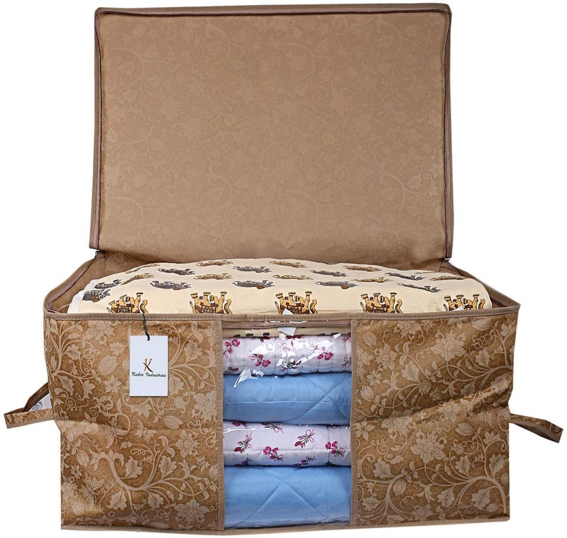 Kuber Industries Metalic Printed 12 Piece Non Woven Underbed Storage Bag Storage Organiser Blanket Cover with Transparent Window Extra Large Beige CTKTC034471 - Image 3