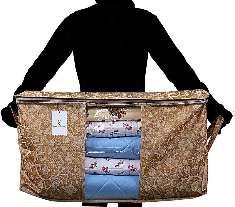 Kuber Industries Metalic Printed 12 Piece Non Woven Underbed Storage Bag Storage Organiser Blanket Cover with Transparent Window Extra Large Beige CTKTC034471 - Image 4