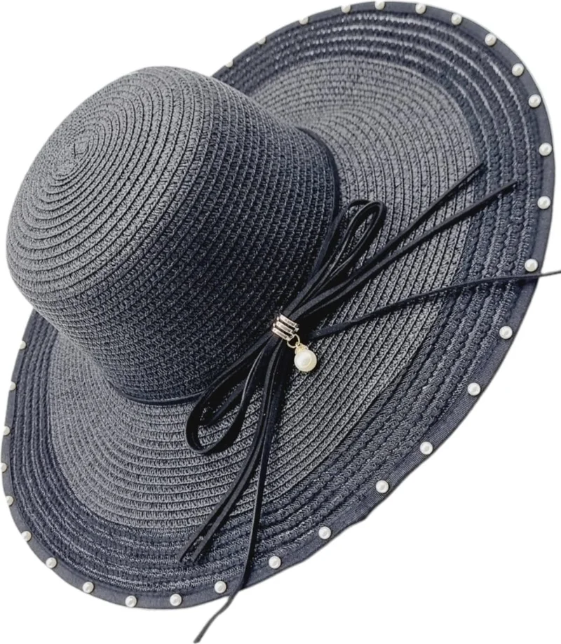Tezzgelsin Women's Wide Brim Summer Straw Hat with Pearl Brim