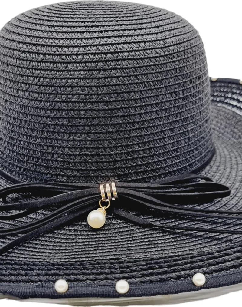 Tezzgelsin Women's Wide Brim Summer Straw Hat with Pearl Brim