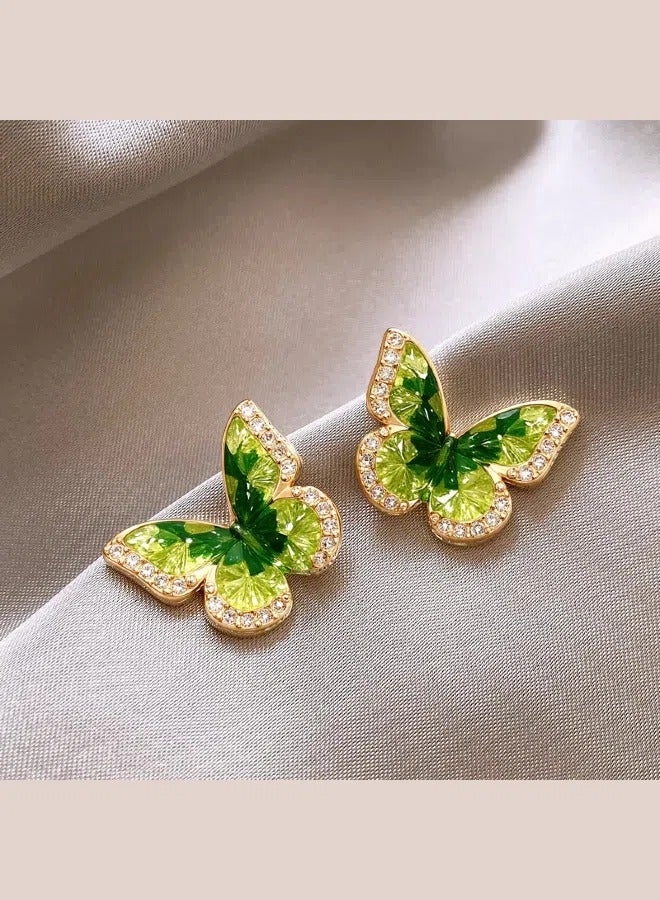 Forest Butterfly Fairy Gradient Crystal Shimmer Earrings Super Flash High-Grade GreenGold Earrings for Women 925 Silver Needle  - Image 1