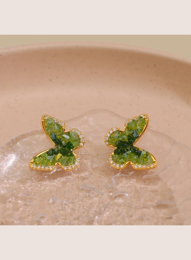Forest Butterfly Fairy Gradient Crystal Shimmer Earrings Super Flash High-Grade GreenGold Earrings for Women 925 Silver Needle  - Image 5