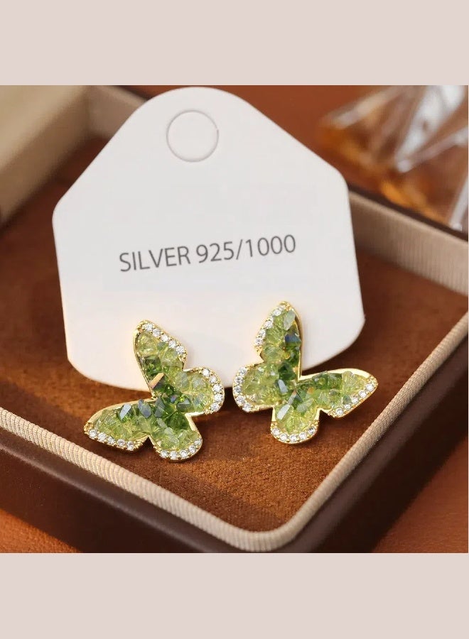 Forest Butterfly Fairy Gradient Crystal Shimmer Earrings Super Flash High-Grade GreenGold Earrings for Women 925 Silver Needle  - Image 4