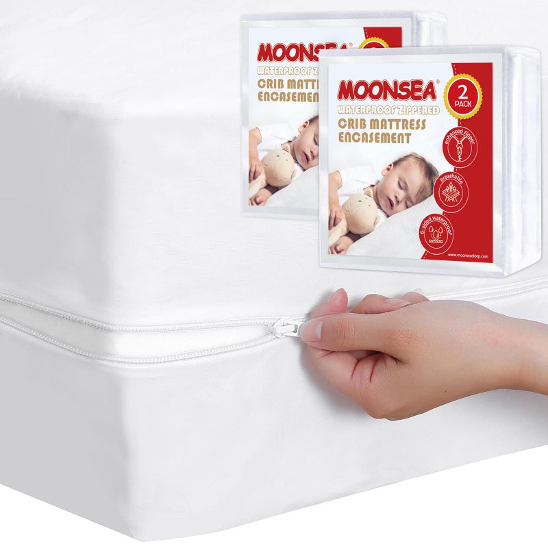 Moonsea Waterproof Crib Mattress Protector Zippered 2 Pack, 6-Side Waterproof Crib Mattress Encasement, Durable Zipper, Noiseless, 28'' X 52" X 6" - Image 1