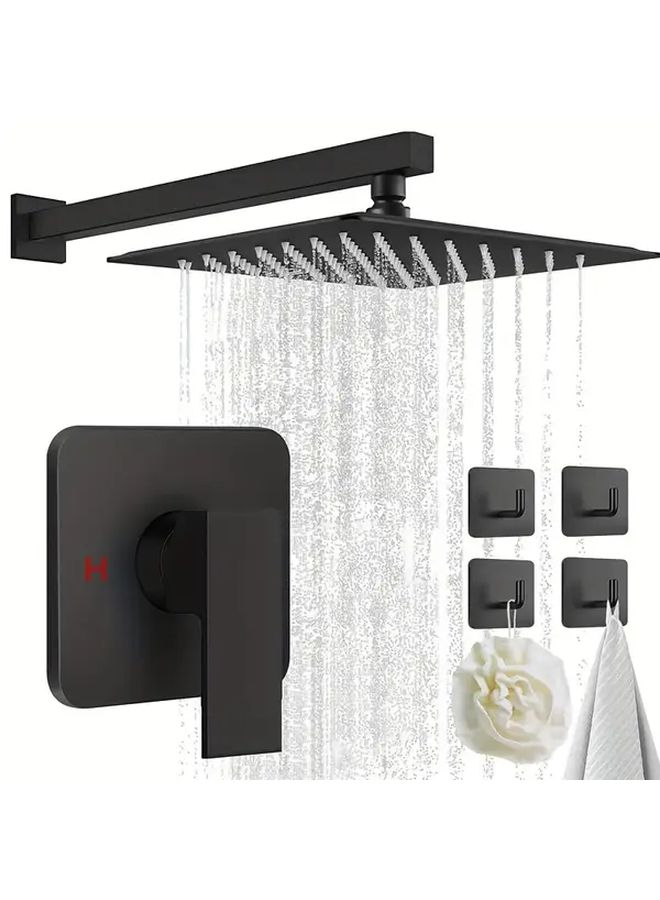 Matte Black 8 Inch Square Rainfall Shower Head Wall Mounted Single Function Bathroom System With 6 Adhesive Hooks And 1 Valve Modern Shower Set - Image 1