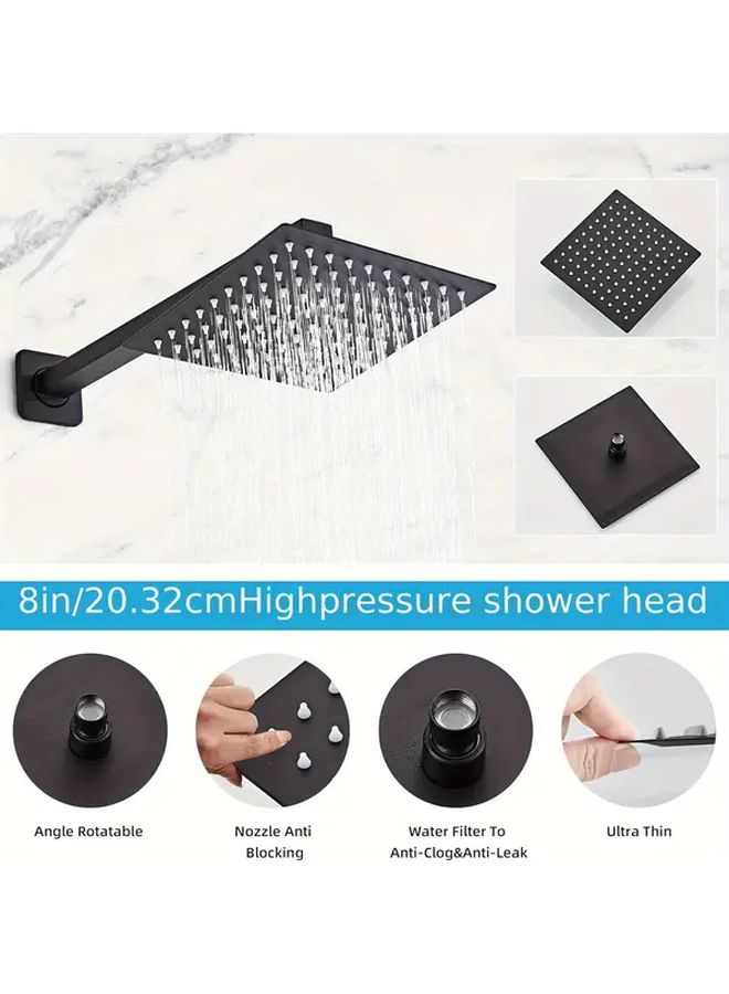 Matte Black 8 Inch Square Rainfall Shower Head Wall Mounted Single Function Bathroom System With 6 Adhesive Hooks And 1 Valve Modern Shower Set - Image 2