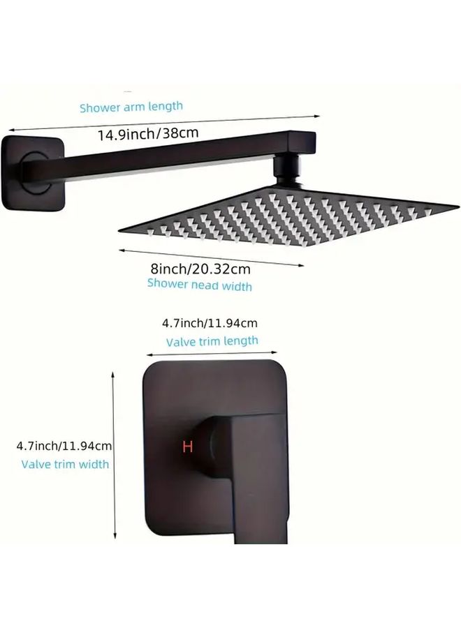 Matte Black 8 Inch Square Rainfall Shower Head Wall Mounted Single Function Bathroom System With 6 Adhesive Hooks And 1 Valve Modern Shower Set - Image 3