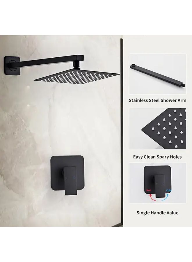 Matte Black 8 Inch Square Rainfall Shower Head Wall Mounted Single Function Bathroom System With 6 Adhesive Hooks And 1 Valve Modern Shower Set - Image 5