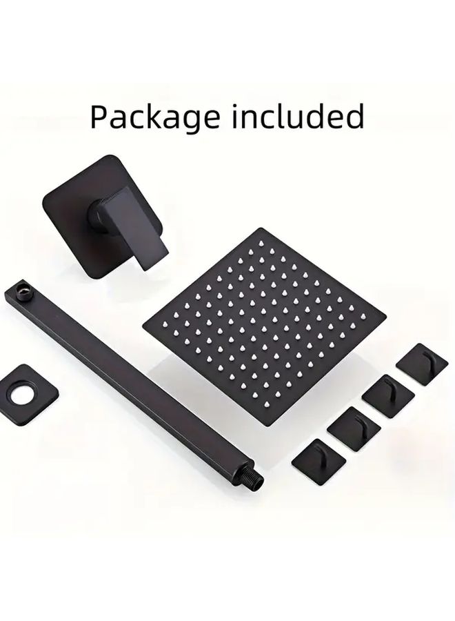 Matte Black 8 Inch Square Rainfall Shower Head Wall Mounted Single Function Bathroom System With 6 Adhesive Hooks And 1 Valve Modern Shower Set - Image 4