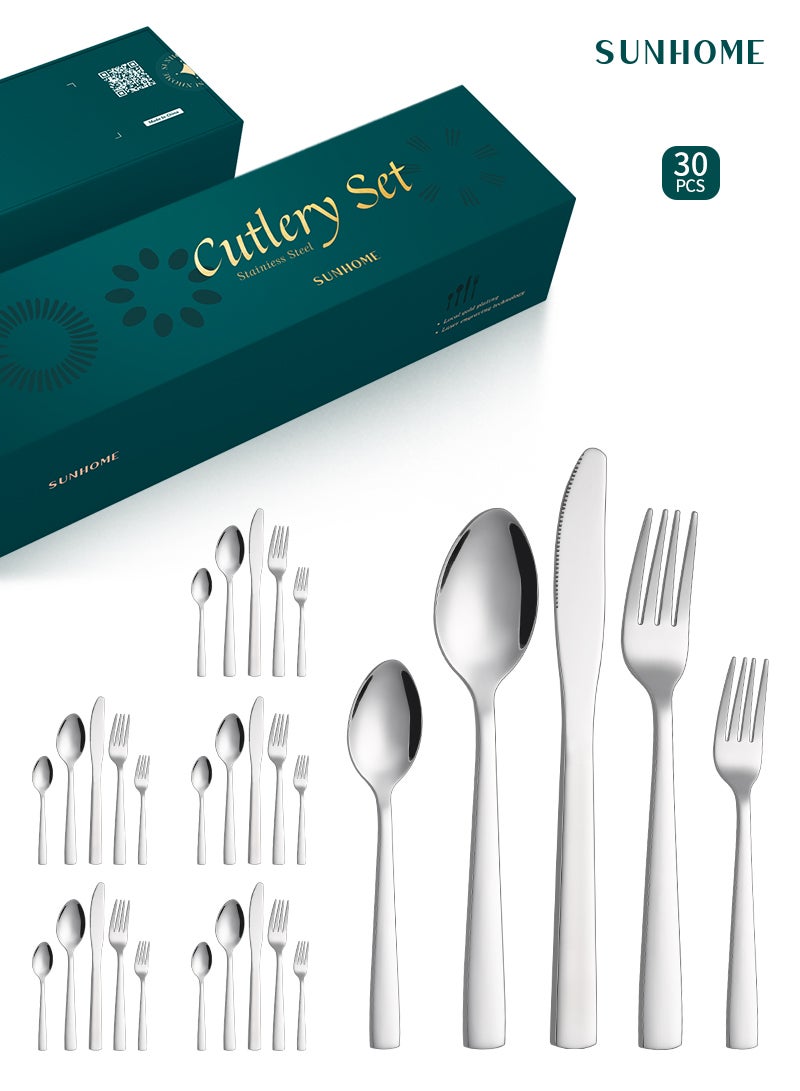 SUNHOME 30-Piece Stainless Steel Cutlery Set Silver - Image 1