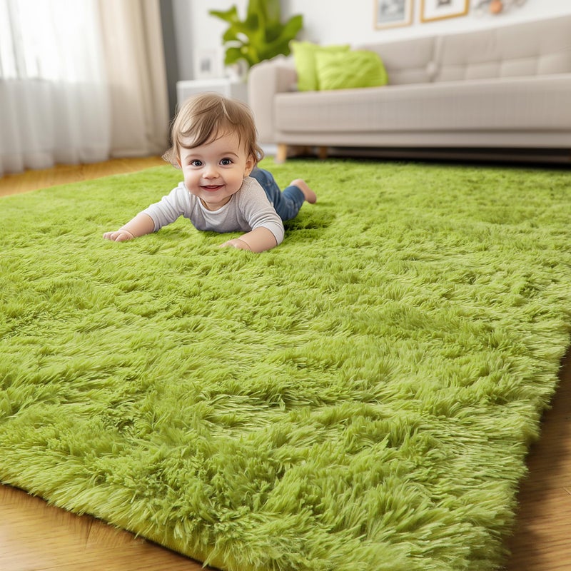 Grass Green Runner Rugs for Bedroom Decor Aesthetic Fluffy Shag Area Rug 3x5 for Kids Room Living Room Baby Nursery Cool Shaggy Throw Bedside Fuzzy Plush Carpet Cute Moss Classroom Playroom Rug