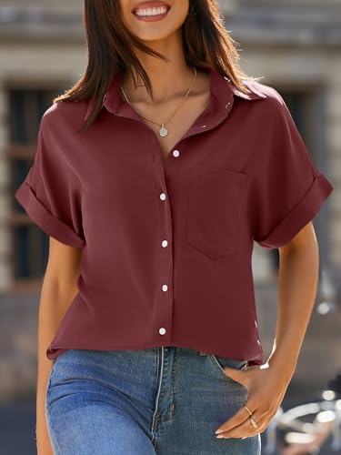 Beautife Womens Short Sleeve Shirts V Neck Collared Button Down Shirt Tops with Pockets - Image 3