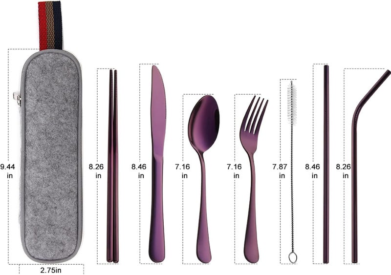 DEVICO Portable Utensils, Travel Camping Cutlery Set, 8-Piece including Knife Fork Spoon Chopsticks Cleaning Brush Straws Portable Case, Stainless Steel Flatware set (Purple) - Image 2