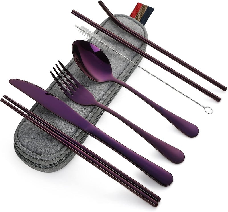 DEVICO Portable Utensils, Travel Camping Cutlery Set, 8-Piece including Knife Fork Spoon Chopsticks Cleaning Brush Straws Portable Case, Stainless Steel Flatware set (Purple) - Image 1