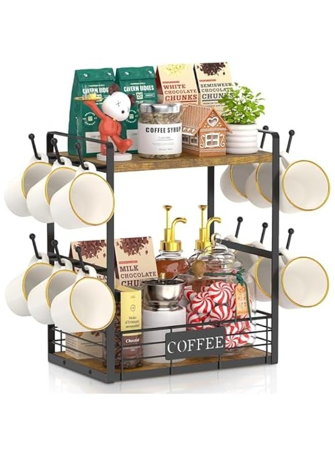 بيوينتي حامل اكواب ومنظم لمنضدة القهوة، حامل اكواب متعدد الوظائف مكون من طبقتين للمطبخ ورف تخزين مع 12 خطاف، بني واسود عتيق - Image 1