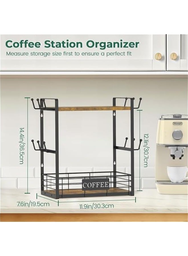 بيوينتي حامل اكواب ومنظم لمنضدة القهوة، حامل اكواب متعدد الوظائف مكون من طبقتين للمطبخ ورف تخزين مع 12 خطاف، بني واسود عتيق - Image 3