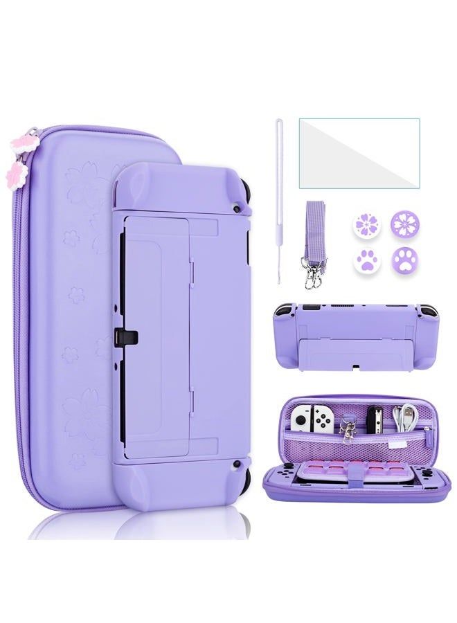 GLDRAM 9 in 1 Carrying Case for Nintendo Switch OLED, Cute Accessories Kit with Travel Case, Hard PC Cover, Glass Screen Protector, Thumb Grip Caps, Wrist Band, Shoulder Strap for Girls - Purple - Image 1