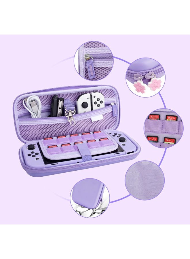 GLDRAM 9 in 1 Carrying Case for Nintendo Switch OLED, Cute Accessories Kit with Travel Case, Hard PC Cover, Glass Screen Protector, Thumb Grip Caps, Wrist Band, Shoulder Strap for Girls - Purple - Image 2