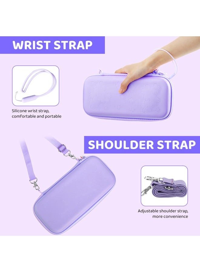 GLDRAM 9 in 1 Carrying Case for Nintendo Switch OLED, Cute Accessories Kit with Travel Case, Hard PC Cover, Glass Screen Protector, Thumb Grip Caps, Wrist Band, Shoulder Strap for Girls - Purple - Image 3