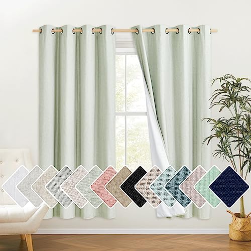 NICETOWN Sage Green HighEnd Thermal Flax Linen Curtains 52 Wide Per Panel Set of 2 Full Blackout Privacy Drapes 72 Inches Long for Dining Room Soundproof Window Treatment Panels for Hall Room