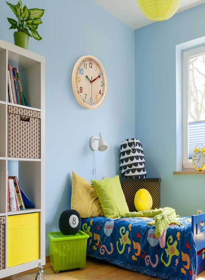 Lafocuse Wood Grain Colorful Wall Clock Easy to Read 12 Inch Silent Non Ticking, Fun and Cute Analog Clock Time Teaching for Classroom Bedroom Schoolhouse Game Room 30 cm - Image 4